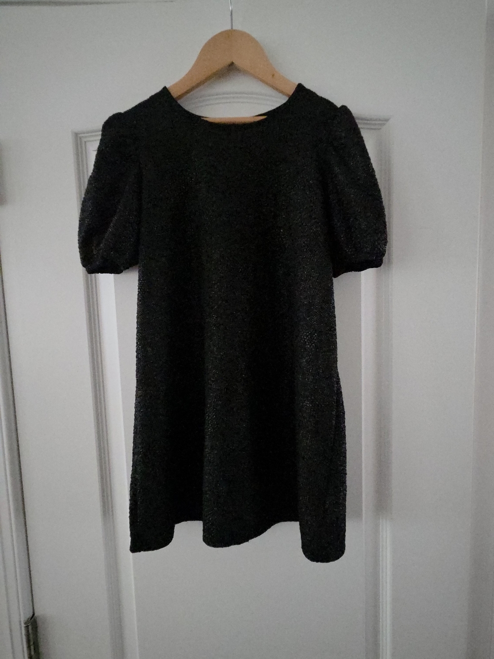 F&F Black Textured Metallic Sparkle Puff Sleeve Shift Mini Dress Size Size:7-8.